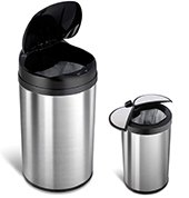 NINESTARS CB-DZT-49-8/12-18 Automatic Touchless Infrared Motion Sensor Trash Can Combo Set, 13 Gal 49L & 3 Gal 12L, Stainless Steel Base (Round, Black & Ladybug Lid)